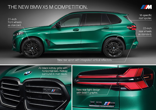 The new 2024 BMW X5 M Competition comes with 21-in front and 22-in rear wheels. The 2024 X5 M Competition has a new, all-black kidney grille with horizontal bars. The kidney grille surround frame is in matt black. The 2024 BMW X5 M Competition has new rear light design with bold X graphic. The rear apron is also new and it has integrated vertical reflectors. The roofline of the 2024 BMW X5 M Competition finishes with an M-specific roof spoiler.