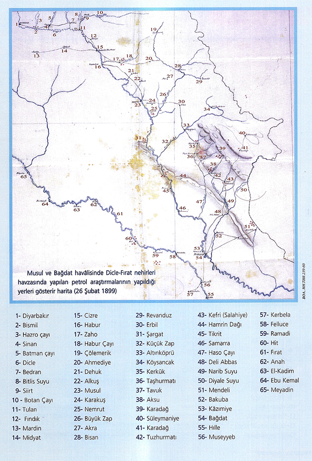 Musul ve Bağdat havalisinde Dicle-Fırat nehirleri havzasında yapılan petrol araştırmalarının yapıldığı yerleri gösterir harita