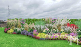 Wizualizacja ogrodu z trawami, rabata trawowo bylinowa, trawy ozdobne w ogrodzie, projekt ogrodu naturalistycznego z trawami, styl dutch wave