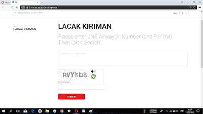 Setelah itu akan muncul kolom lacak kiriman. Di bagian "Please enter JNE Airwaybill Number (one Per line). Then Click 'Search'." silakan kalian isikan no resi kalian dan jangan lupa masukan kode verifikasi nya secara benar. Setelah itu klik Search