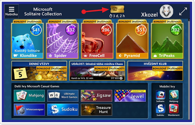 Týdenní odměny - Microsoft Solitaire Weekly Rewards