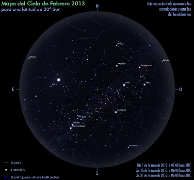 Mapa del Cielo para el mes de Febrero en el Hemisferio Sur