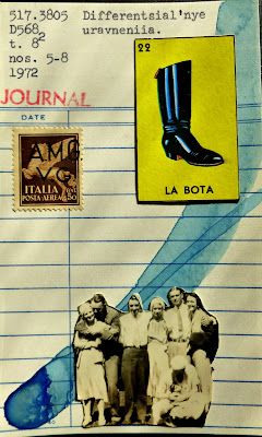 library card collage mail art Dada Fluxus Italian postage stamp mexican lottery card la bota boot vintage sepia family photo