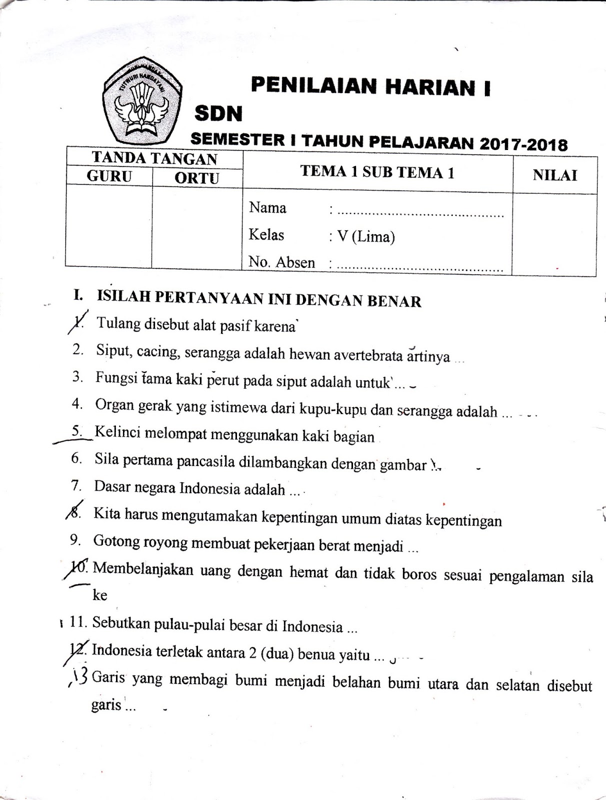 SD Kelas 5 TA 2017 2018 Semester Ganjil Kurikulum 2013 Halaman 1 Download Penilaian Harian Tema 1 Sub Tema 1 Halaman 1