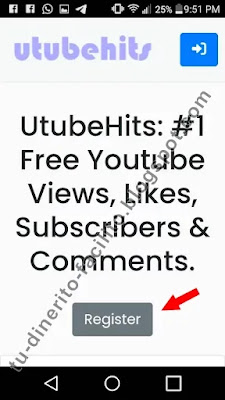 UtubeHits. Visitas a YouTube. Android. Registro.