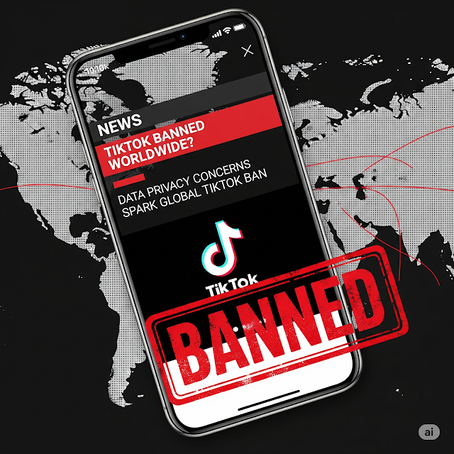 A smartphone displays the TikTok app with a large red 'banned' stamp, set against a stylized world map.