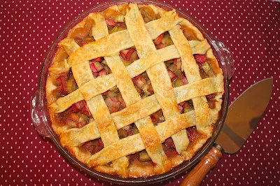 Top view of a finished rhubarb pie.