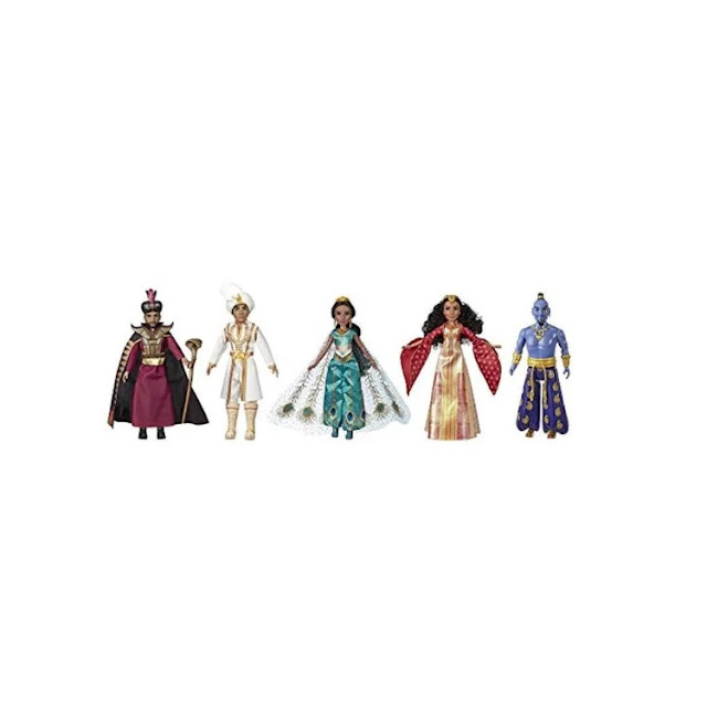 Poupées Disney Aladdin issu du film en live action : Jafar, Prince Ali, Jasmine, Dalie et le génie.