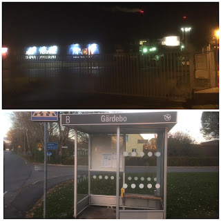Bildmontage med bild på stängda grindar vid mitt jobb i oktobermörkret och en bild på busskur.