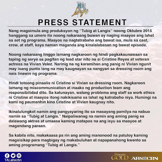 ABS-CBN releases official statement on Vivian Velez-Cristine Reyes feud