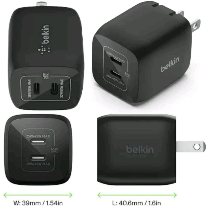 45W Belkin USB Wall Charger: 2-Port Fast Charging Mobile Charger for iPhones, Samsung Galaxy, and more