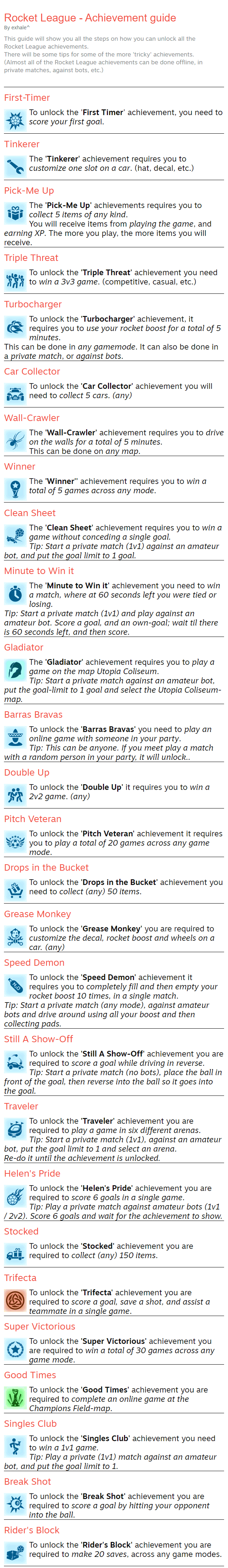 Rocket League - Achievement guide By exhale^ This guide will show you all the steps on how you can unlock all the Rocket League achievements. There will be some tips for some of the more 'tricky' achievements. (Almost all of the Rocket League achievements can be done offline, in private matches, against bots, etc.) First-Timer To unlock the 'First Timer' achievement, you need to score your first goal. Tinkerer The 'Tinkerer' achievement requires you to customize one slot on a car. (hat, decal, etc.) Pick-Me Up The 'Pick-Me Up' achievements requires you to collect 5 items of any kind. You will receive items from playing the game, and earning XP. The more you play, the more items you will receive. Triple Threat To unlock the 'Triple Threat' achievement you need to win a 3v3 game. (competitive, casual, etc.) Turbocharger To unlock the 'Turbocharger' achievement, it requires you to use your rocket boost for a total of 5 minutes. This can be done in any gamemode. It can also be done in a private match, or against bots. Car Collector To unlock the 'Car Collector' achievement you will need to collect 5 cars. (any) Wall-Crawler The 'Wall-Crawler' achievement requires you to drive on the walls for a total of 5 minutes. This can be done on any map. Winner The 'Winner'' achievement requires you to win a total of 5 games across any mode. Clean Sheet The 'Clean Sheet' achievement requires you to win a game without conceding a single goal. Tip: Start a private match (1v1) against an amateur bot, and put the goal limit to 1 goal. Minute to Win it The 'Minute to Win it' achievement you need to win a match, where at 60 seconds left you were tied or losing. Tip: Start a private match (1v1) and play against an amateur bot. Score a goal, and an own-goal; wait til there is 60 seconds left, and then score. Gladiator The 'Gladiator' achievement requires you to play a game on the map Utopia Coliseum. Tip: Start a private match against an amateur bot, put the goal-limit to 1 goal and select the Utopia Coliseum-map. Barras Bravas To unlock the 'Barras Bravas' you need to play an online game with someone in your party. Tip: This can be anyone. If you meet play a match with a random person in your party, it will unlock.. Double Up To unlock the 'Double Up' it requires you to win a 2v2 game. (any) Pitch Veteran To unlock the 'Pitch Veteran' achievement it requires you to play a total of 20 games across any game mode. Drops in the Bucket To unlock the 'Drops in the Bucket' achievement you need to collect (any) 50 items. Grease Monkey To unlock the 'Grease Monkey' you are required to customize the decal, rocket boost and wheels on a car. (any) Speed Demon To unlock the 'Speed Demon' achievement it requires you to completely fill and then empty your rocket boost 10 times, in a single match. Tip: Start a private match (any mode), against amateur bots and drive around using all your boost and then collecting pads. Still A Show-Off To unlock the 'Still A Show-Off' achievement you are required to score a goal while driving in reverse. Tip: Start a private match (no bots), place the ball in front of the goal, then reverse into the ball so it goes into the goal. Traveler To unlock the 'Traveler' achievement you are required to play a game in six different arenas. Tip: Start a private match (1v1), against an amateur bot, put the goal limit to 1 and select an arena. Re-do it until the achievement is unlocked. Helen's Pride To unlock the 'Helen's Pride' achievement you are required to score 6 goals in a single game. Tip: Play a private match against amateur bots (1v1 / 2v2). Score 6 goals and wait for the achievement to show. Stocked To unlock the 'Stocked' achievement you are required to collect (any) 150 items. Trifecta To unlock the 'Trifecta' achievement you are required to score a goal, save a shot, and assist a teammate in a single game. Super Victorious To unlock the 'Super Victorious' achievement you are required to win a total of 30 games across any game mode. Good Times To unlock the 'Good Times' achievement you are required to complete an online game at the Champions Field-map. Singles Club To unlock the 'Singles Club' achievement you need to win a 1v1 game. Tip: Play a private (1v1) match against an amateur bot, and put the goal limit to 1. Break Shot To unlock the 'Break Shot' achievement you are required to score a goal by hitting your opponent into the ball. Rider's Block To unlock the 'Rider's Block' achievement you are required to make 20 saves, across any game modes