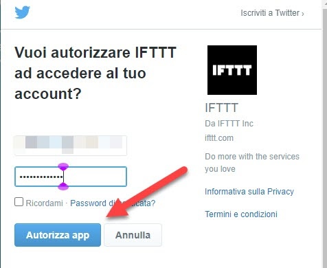 autorizzare app IFTTT ad accedere a account