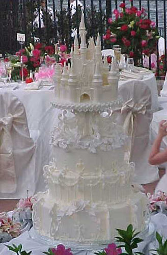 Cinderella Castle Wedding Cake in blues and whites with Mickey and Mini