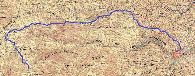 Mapa cartográfico de 1916 sobre el que se ha señalado el camino seguido por Simón de Rojas Clemente el 5 de septiembre de 1809 desde la Sierra a Tolox. Fuente cartográfica: http://www.juntadeandalucia.es/institutodeestadisticaycartografia/cartoteca/