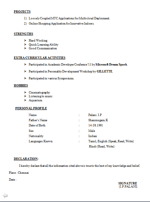 Freshers BE Resume Format Free Download
