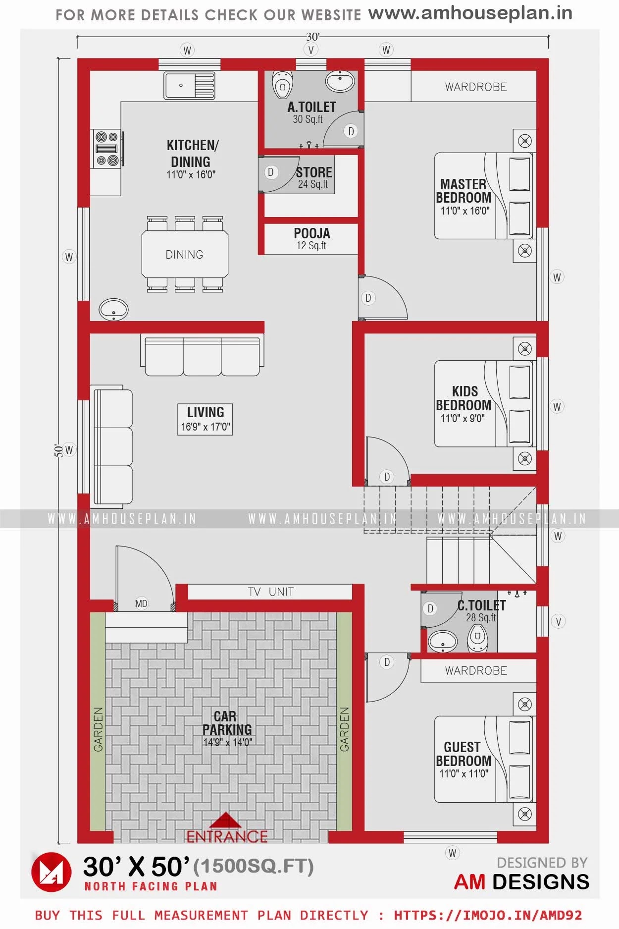 30 x 50 House Plan with Cost to build a 3BHK house in India