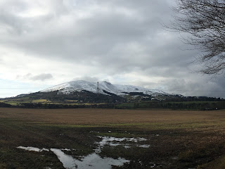 Snowy Pentlands in the distance and puddle-filled farm lands.