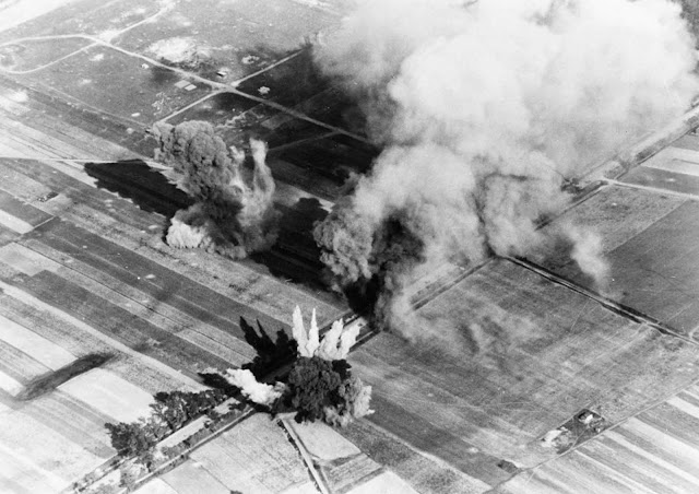 Aerial view of bombs exploding during a German bombing run over Poland in September of 1939.