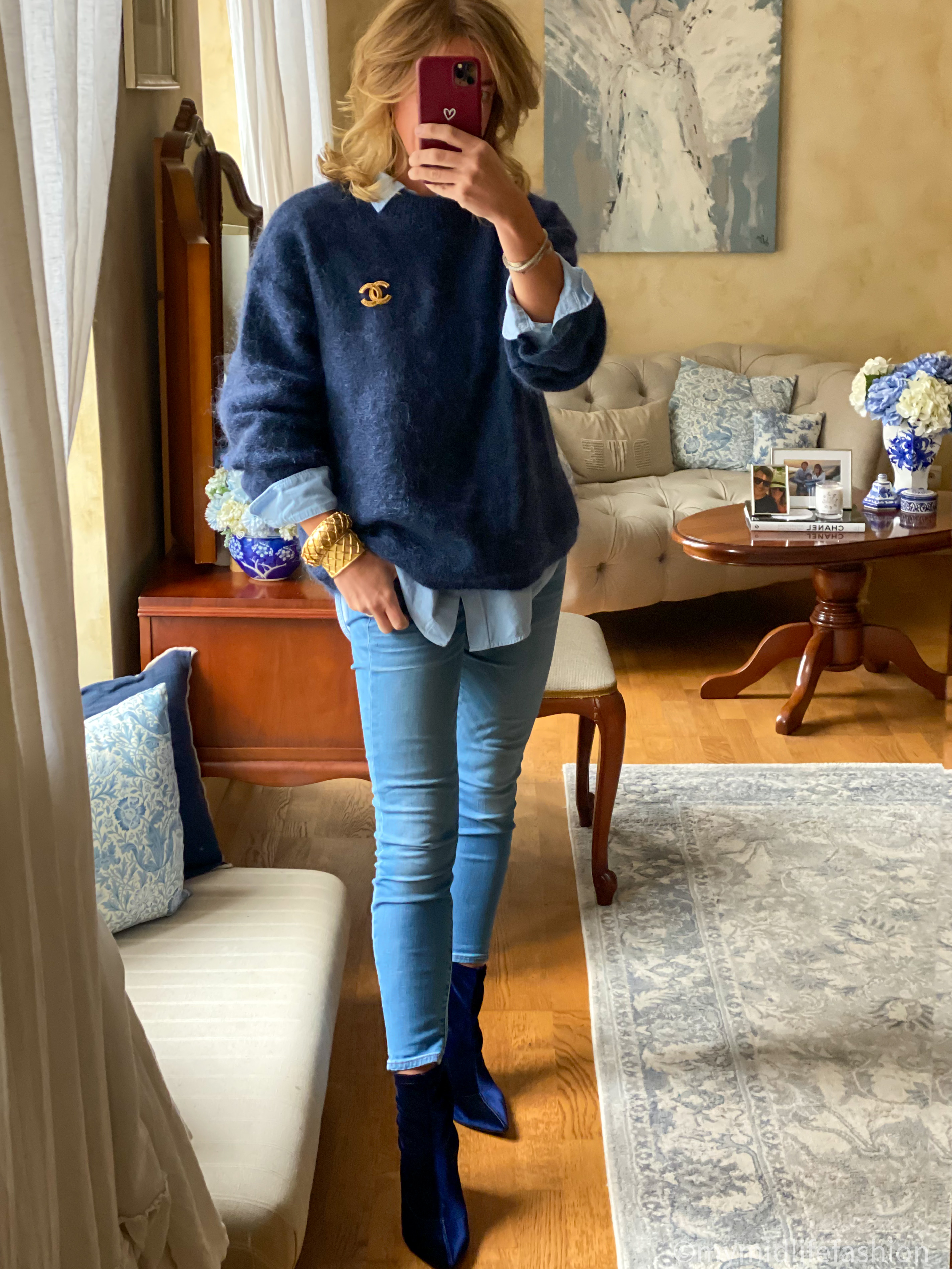my midlife fashion, h and m mohair jumper, Chanel vintage brooch, h and m Oxford shirt, vintage bangles, j crew 8 inch toothpick skinny jeans, marks and Spencer stiletto heel ankle boots