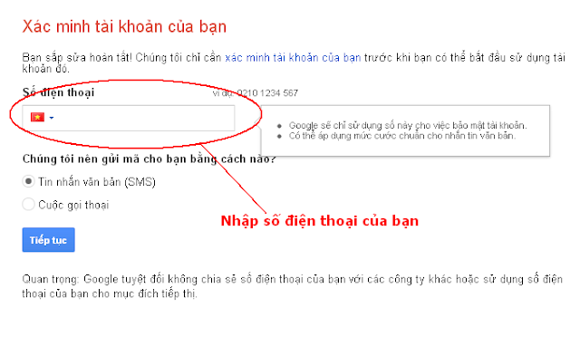 xác minh tài khoản gmail.com qua SMS