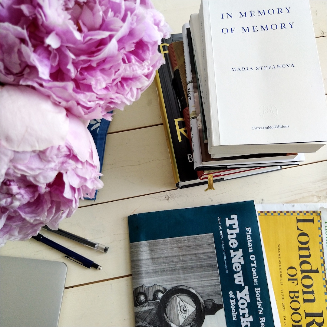 Peonies and a stack of book on my desk · Lisa Stefan