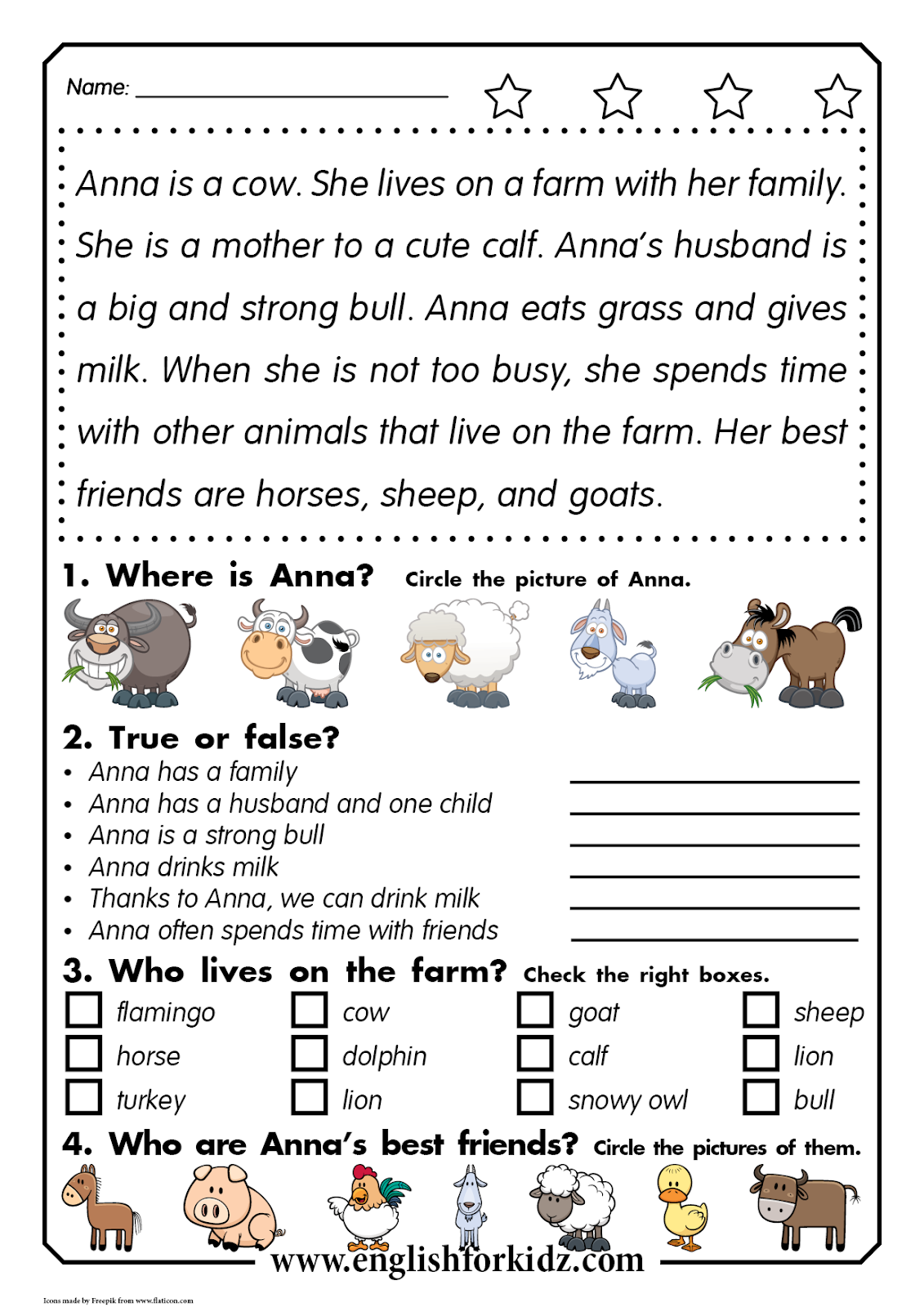 reading comprehension worksheets anna the cow