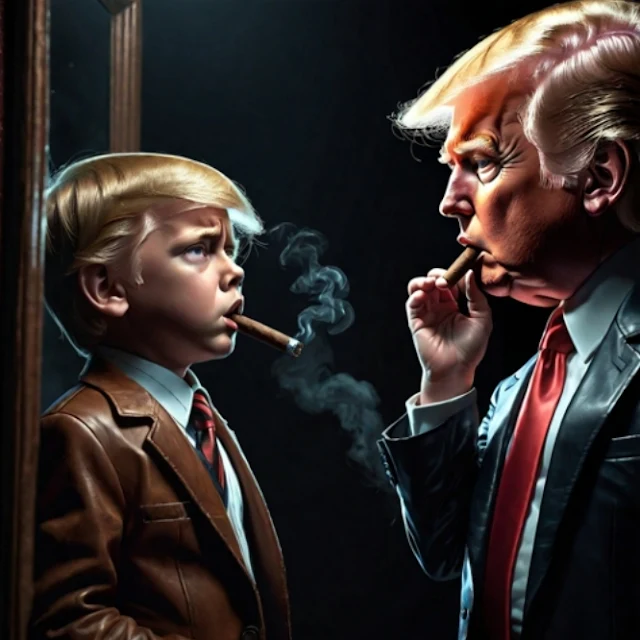 Donald Trump staring the little kid version of himself down wearing leather Blazers and smoking cigars