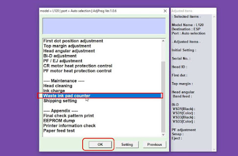 sorot Waste Ink Pad Counter klik OK