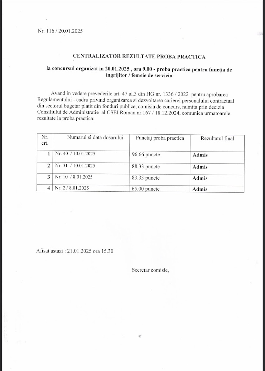 Rezultat proba practică concurs- ingrijitor