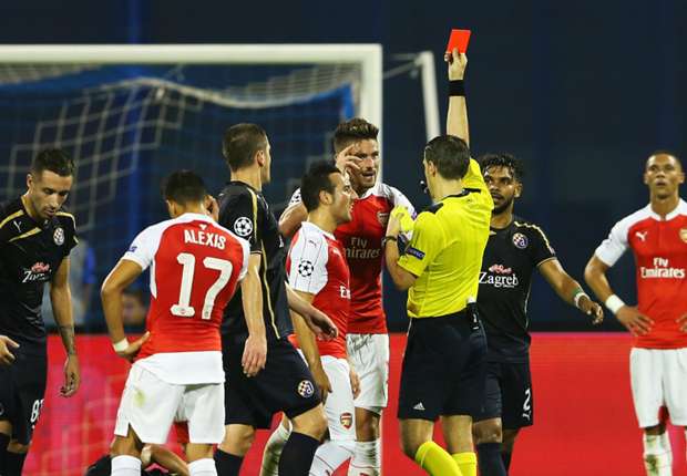 Dinamo Zagreb 2-1 Arsenal: Giroud red card leaves Gunners in lurch