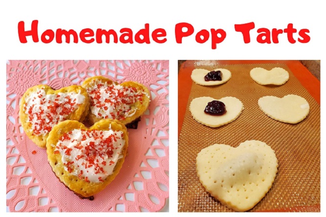 these are pop tarts filled with raspberry jam cut into heart shapes with frosting and sprinkles on top