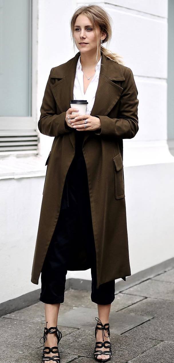 what to wear with a brown coat : shirt + pants + heels