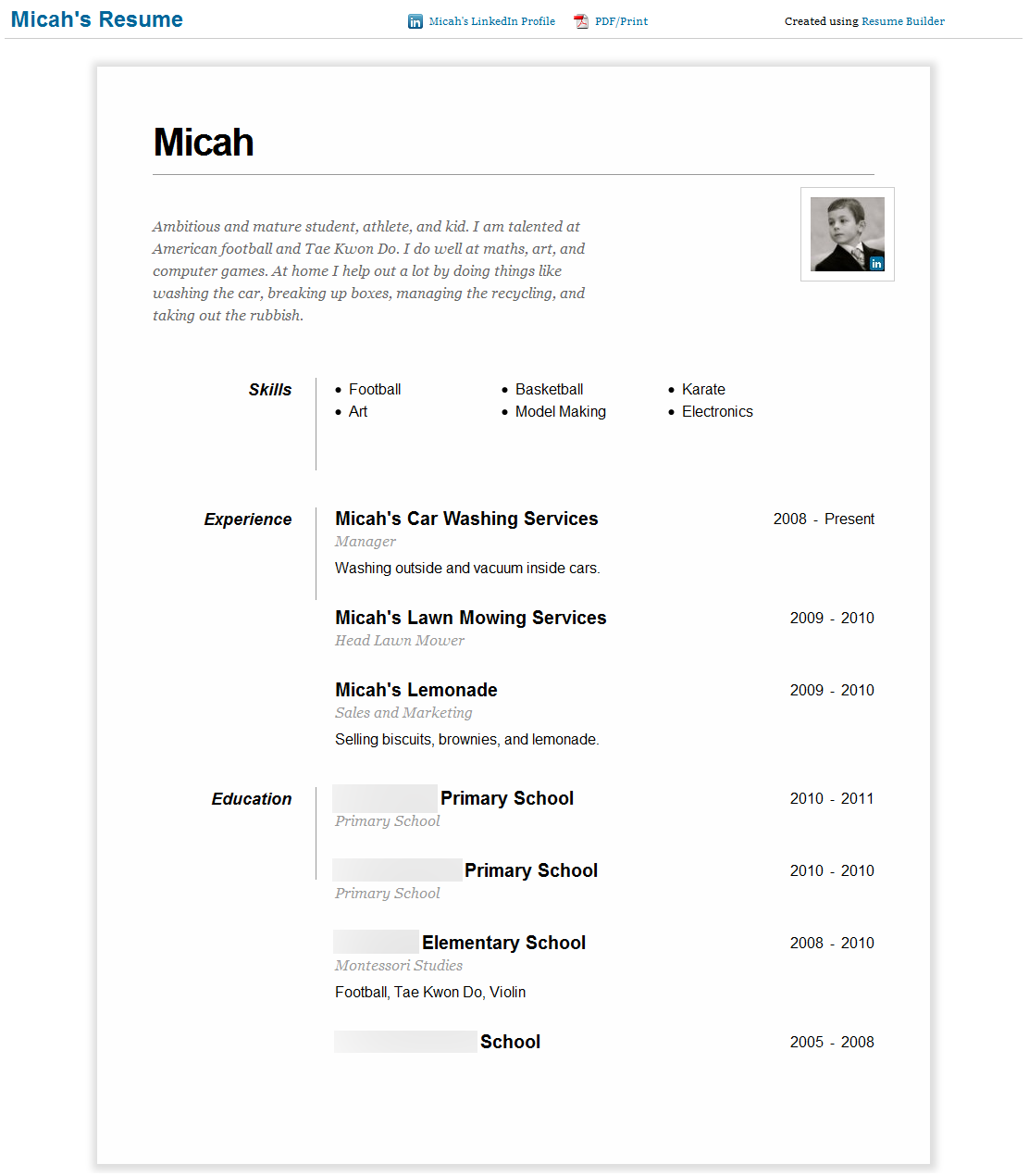 Micah's Resume. Click to see the full size.