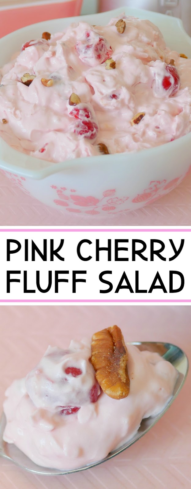 This super easy and delicious dessert fluff salad is great for parties, holidays and potlucks! It will bring you back to your childhood and gets it's flavor from cherry pie filling, crushed pineapple and pecans! Just like Grandma used to make and ready in minutes!