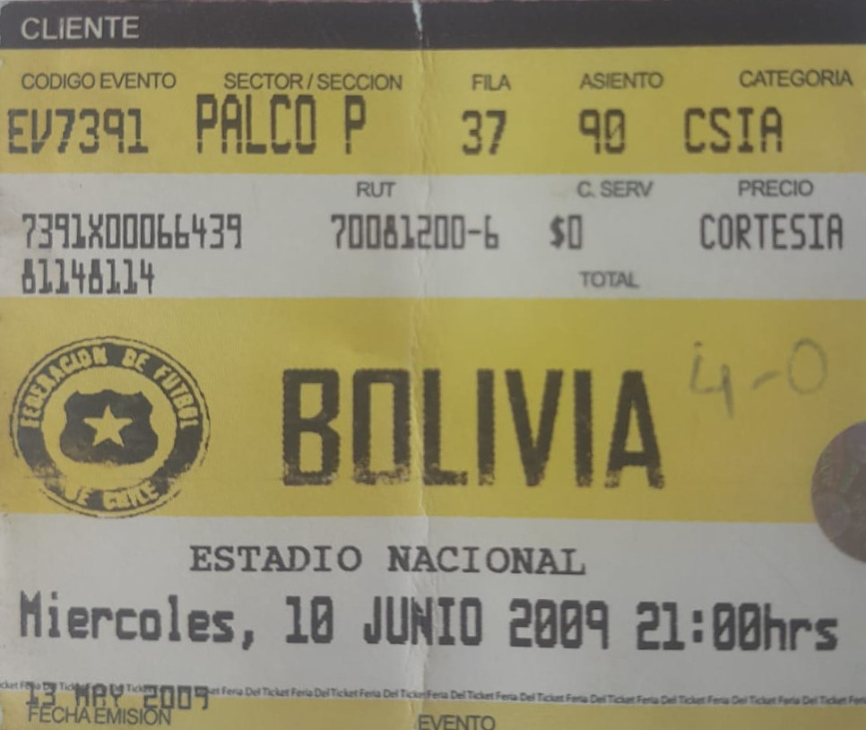 Entrada para partido entre Chile y Bolivia en Clasificatorias Sudáfrica 2010, 10 de junio de 2009