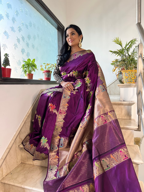 Aubergine kaduwa Banarasi saree with birds