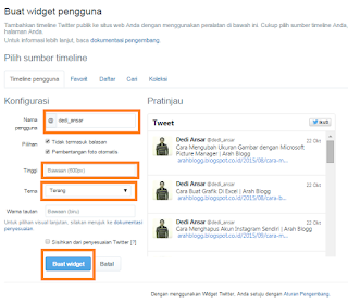 Mulai Nama Pengguna, Pilihan Setelah, Tinggi Widget, Tema Tampilan, hingga Warna Tautan. Sesudah terlengkapi semua dengan lengkap, selanjutnya klik tombol Buat Widget 