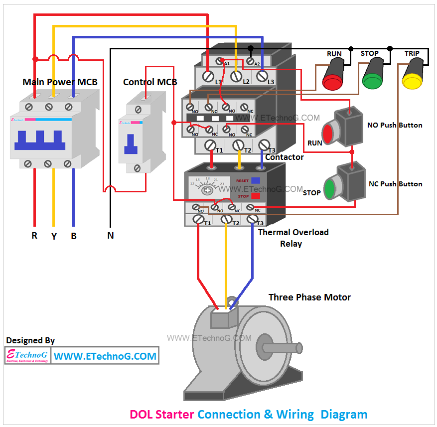 DOL Starter connection and wiring diagram, DOL Starter wiring diagram