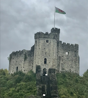 Picture of Cardiff Castle, with green plants at the front and grey sky