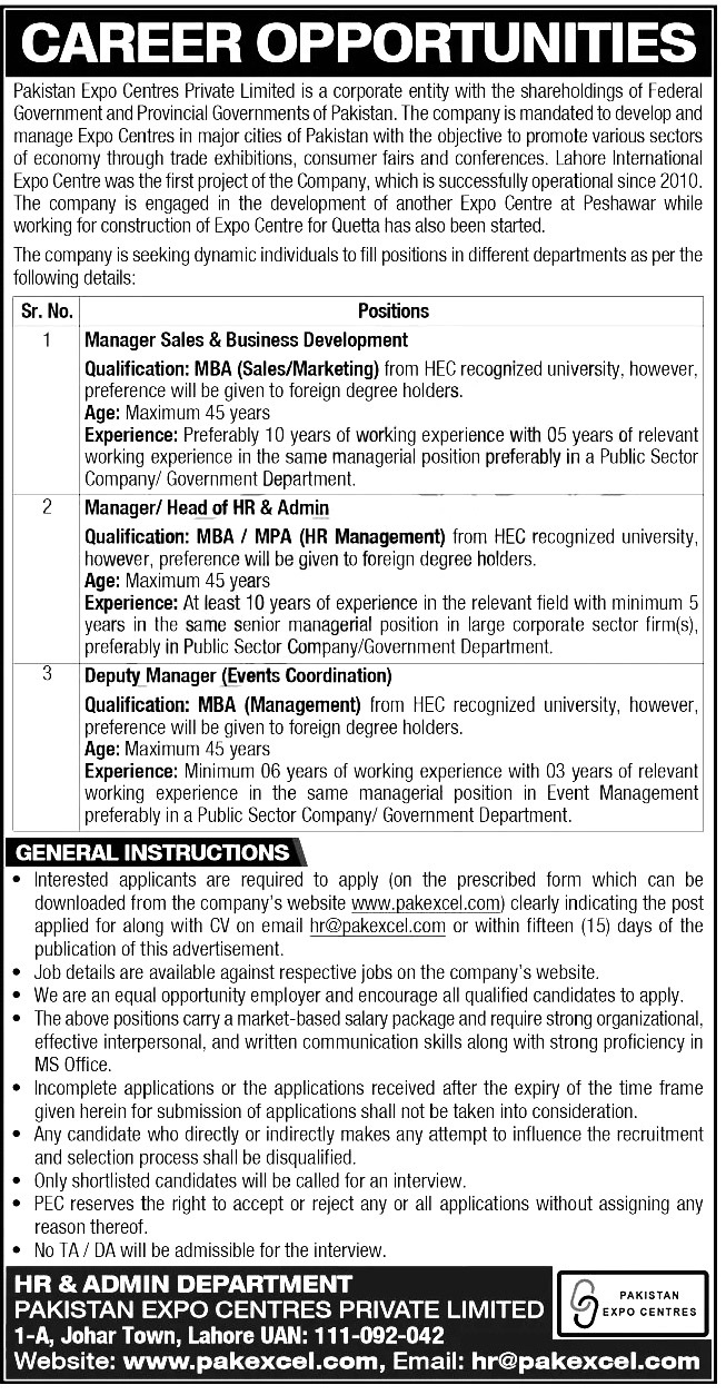 Pakistan Expo Centres Private Limited Jobs 2022 - www.pakexcel.com