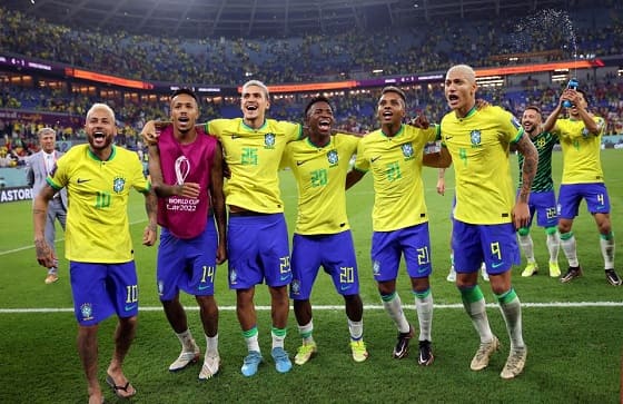 Brazil vs. South Korea, Round of 16 in the 2022 FIFA World Cup, Stadium 974, Doha, Qatar, December 5, 2022 Brazilian players Richarlison, Neymar, Eder Militao, Pedro, Vinicius Junior, and Rodrygo celebrate making it to the quarterfinals.