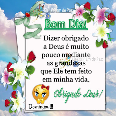 Dizer obrigado a Deus  é muito pouco mediante as grandezas  que Ele tem feito em minha vida. Obrigado Deus! Domingou!!!