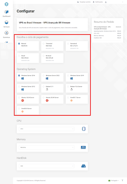 Escolha do ciclo de pagamento e sistema operacional na VPS BH Servers