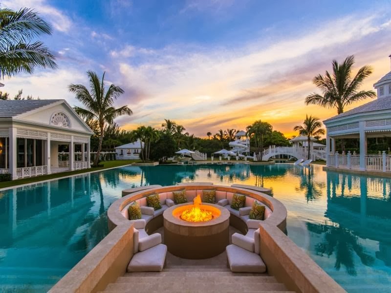 Outdoor fireplace in Custom built celebrity home for Celine Dion