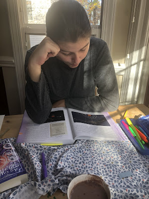 Elizabeth at the kitchen table reading to me from her science book.