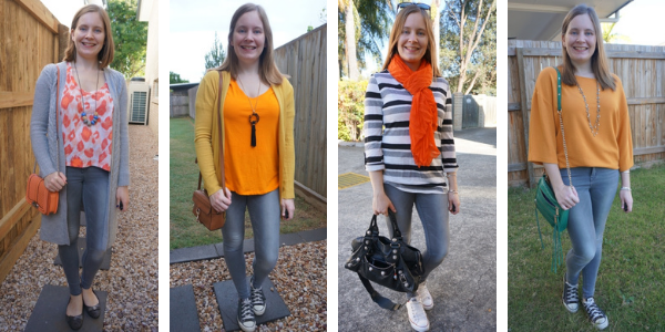 ways to wear orange with gray skinny jeans outfits | away from the blue blog