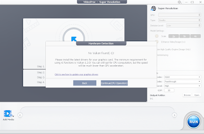 Tampilan VideoProc Converter AI 6.3 Ketika Tidak Ada GPU Mendukung Vulkan API