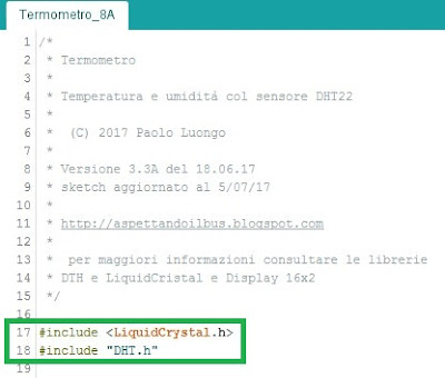 Fig.2 - Parte iniziale del nuovo sketch per DHT22 di Paolo Luongo