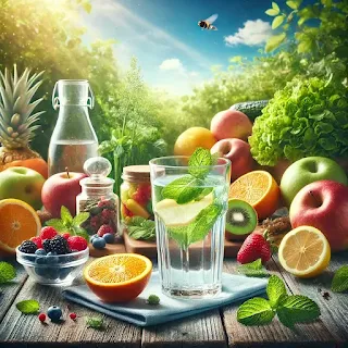 Egy pohár víz citrommal és mentával, körülvéve gyümölcsökkel és zöldségekkel – így kezdődik az egészséges nap!-A glass of water with lemon and mint, surrounded by fruits and vegetables – that's how a healthy day starts!